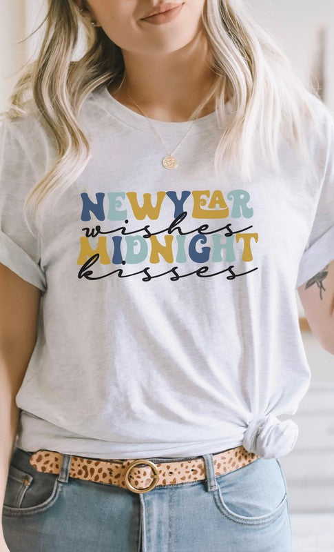 New Year Wishes Midnight Kisses Cursive PLUS Tee