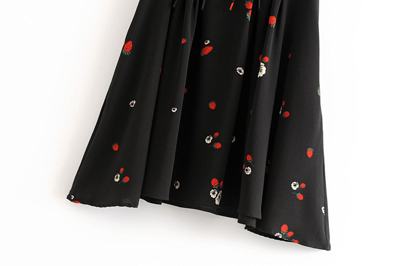 Thin Black Strawberry Skirt High Waist Lace-up Dress Holiday Style