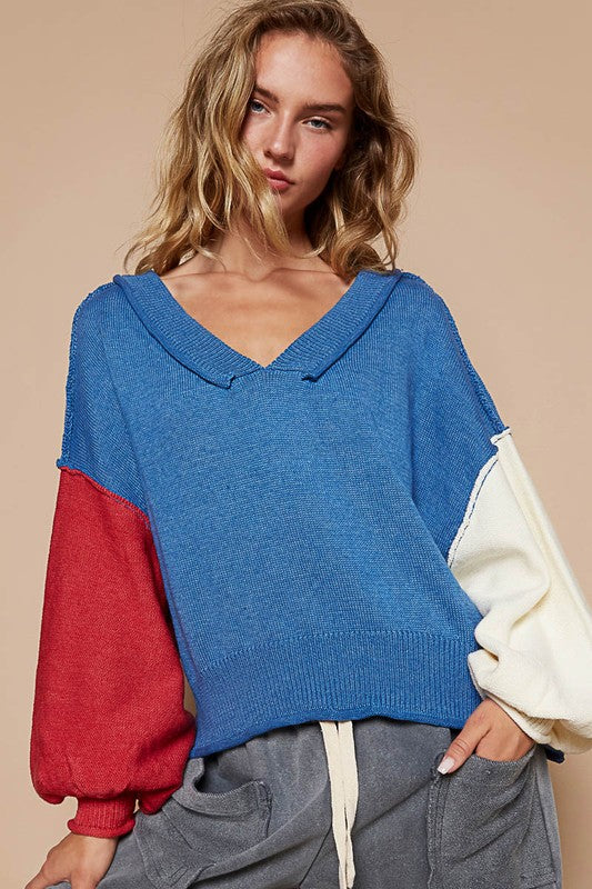 POL Exposed Seam Contrast V-Neck Lantern Sleeve Sweater