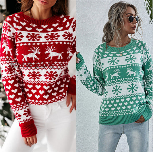 Elk Autumn And Winter New Knitted Round Neck Women's Christmas Snowflake Pullover Women's Sweater