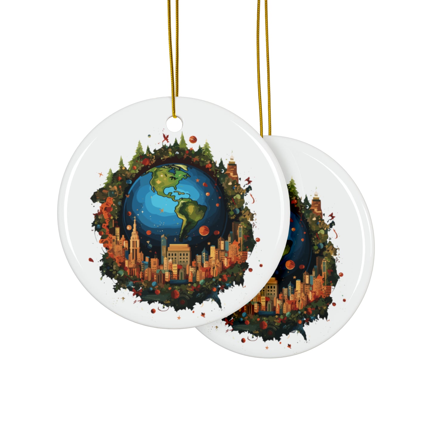 Earth in Christmas decorations and a big Christmas tree, white Ceramic Ornaments (1pc, 3pcs, 5pcs, 10pcs)