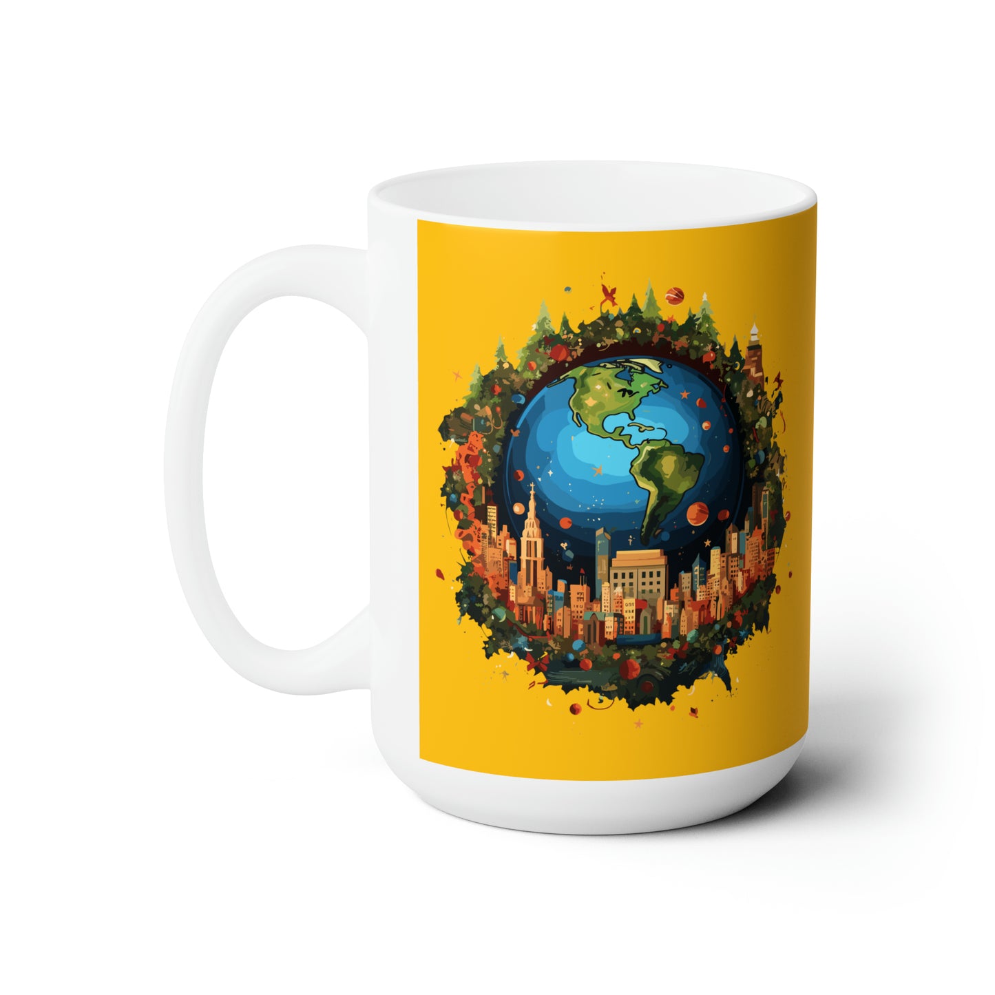 Earth in Christmas decorations and a big Christmas tree, yellow Ceramic Mug 15oz