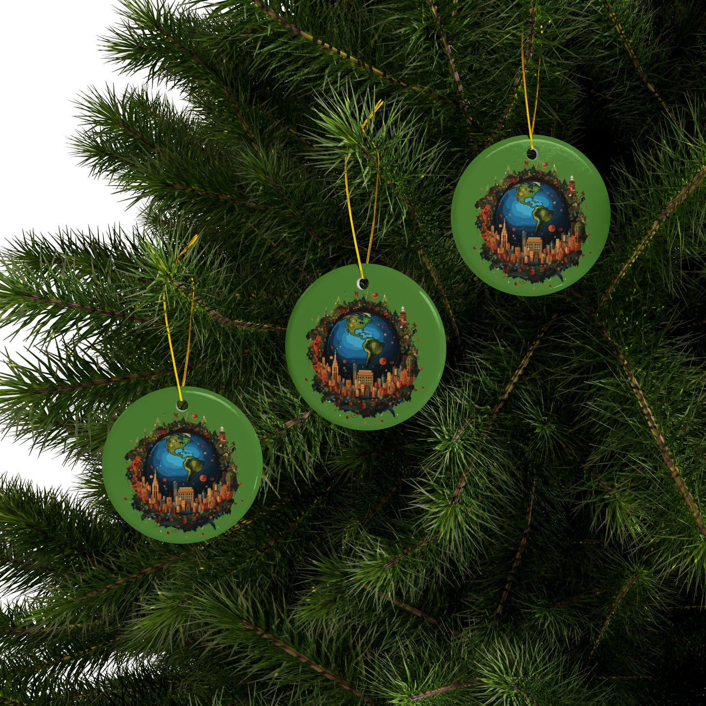 Earth in Christmas decorations and a big Christmas tree, green Ceramic Ornaments (1pc, 3pcs, 5pcs, 10pcs)