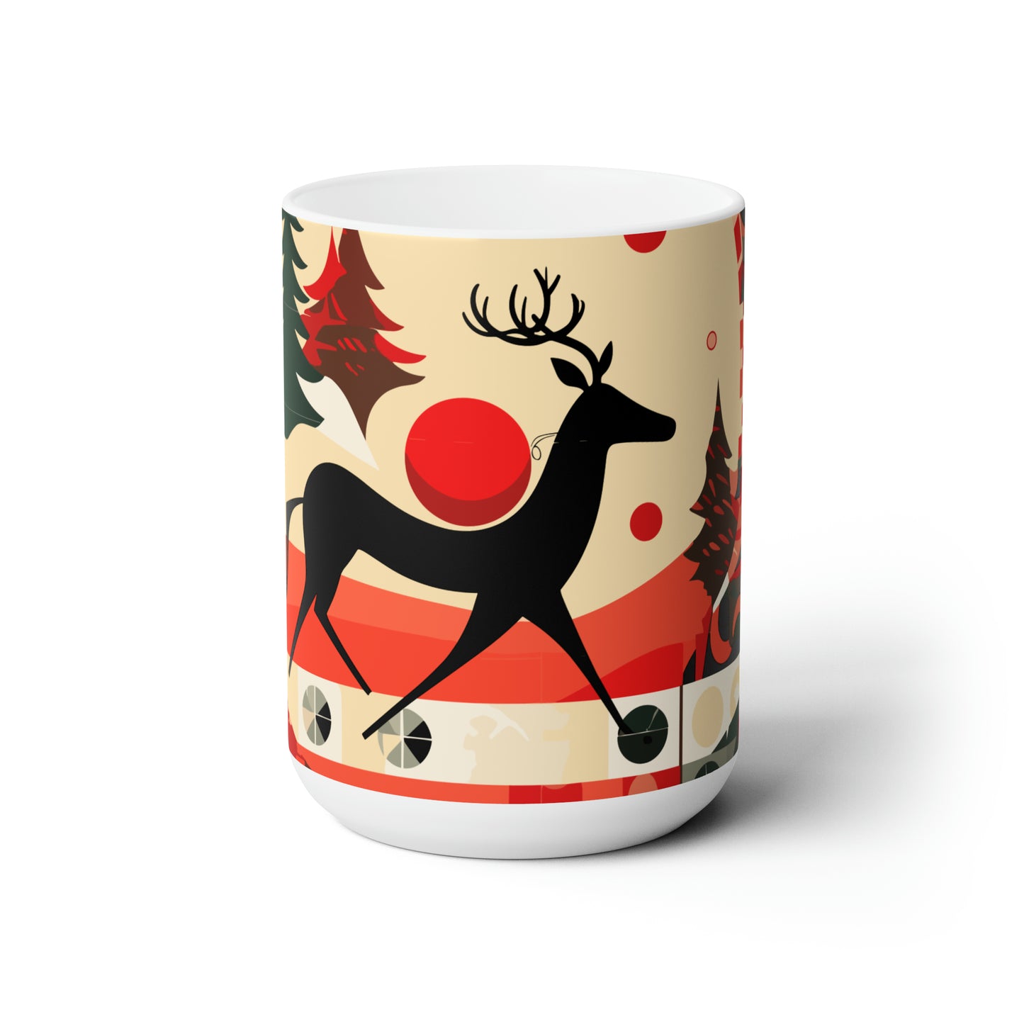 Playful reindeer in different squares, perhaps pulling Santa's sleigh, Christmas Ceramic Mug15oz