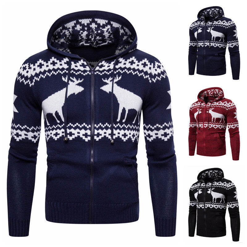 Men's Zipper Hooded Fawn Christmas Sweater