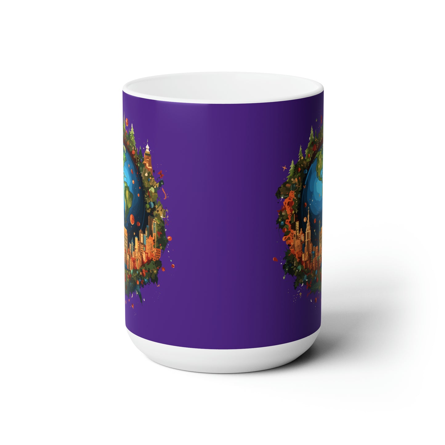 Earth in Christmas decorations and a big Christmas tree, Purple Ceramic Mug 15oz