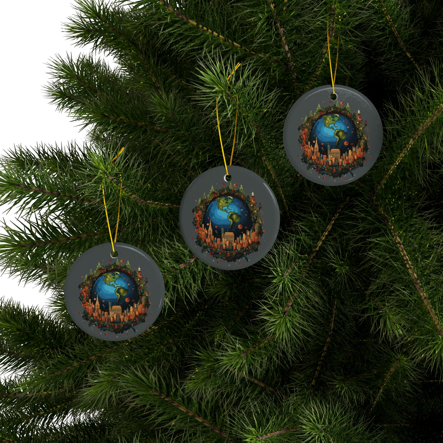 Earth in Christmas decorations and a big Christmas tree, dark grey Ceramic Ornaments (1pc, 3pcs, 5pcs, 10pcs)