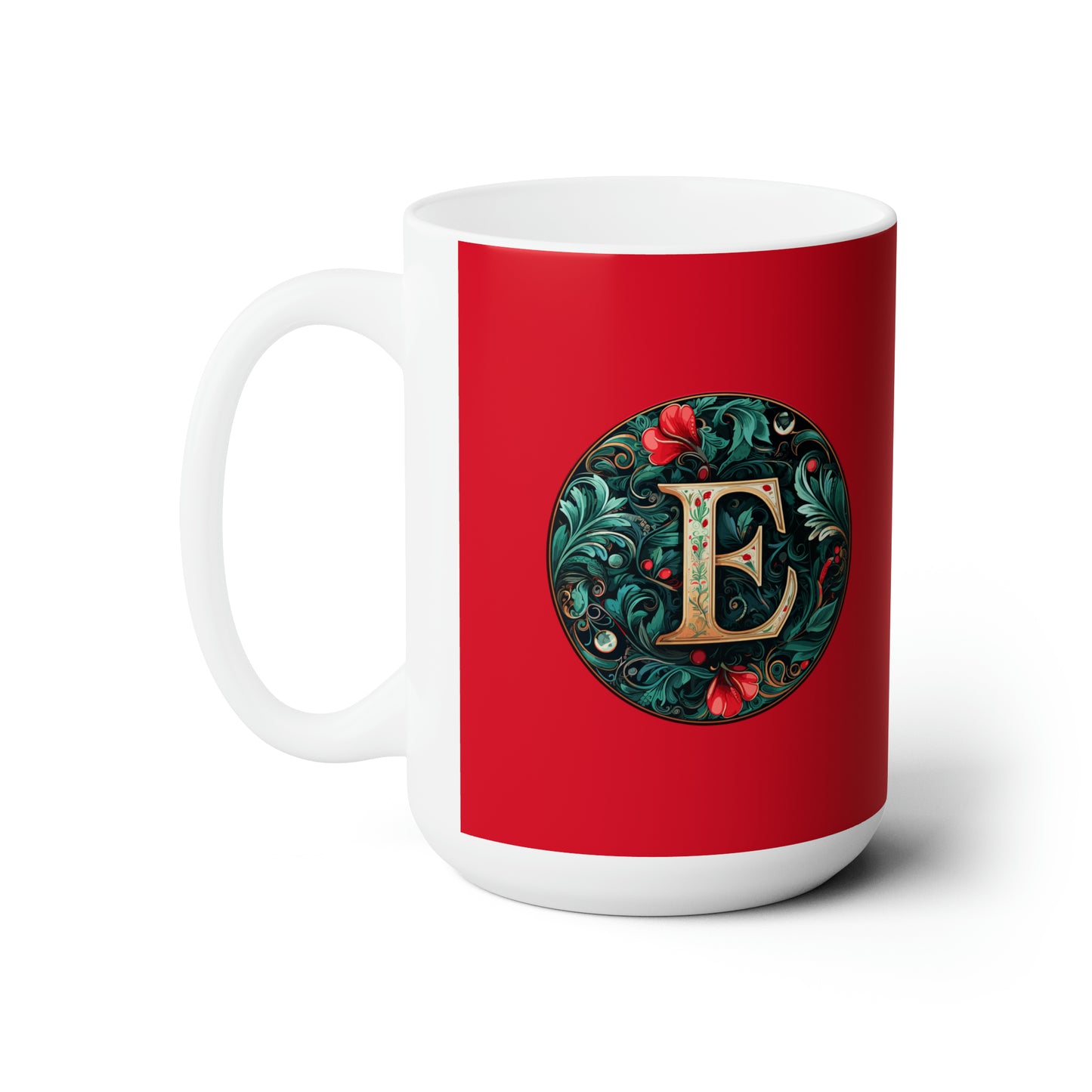 Christmas colorful Alphabet E design dark red Ceramic Mug 15oz