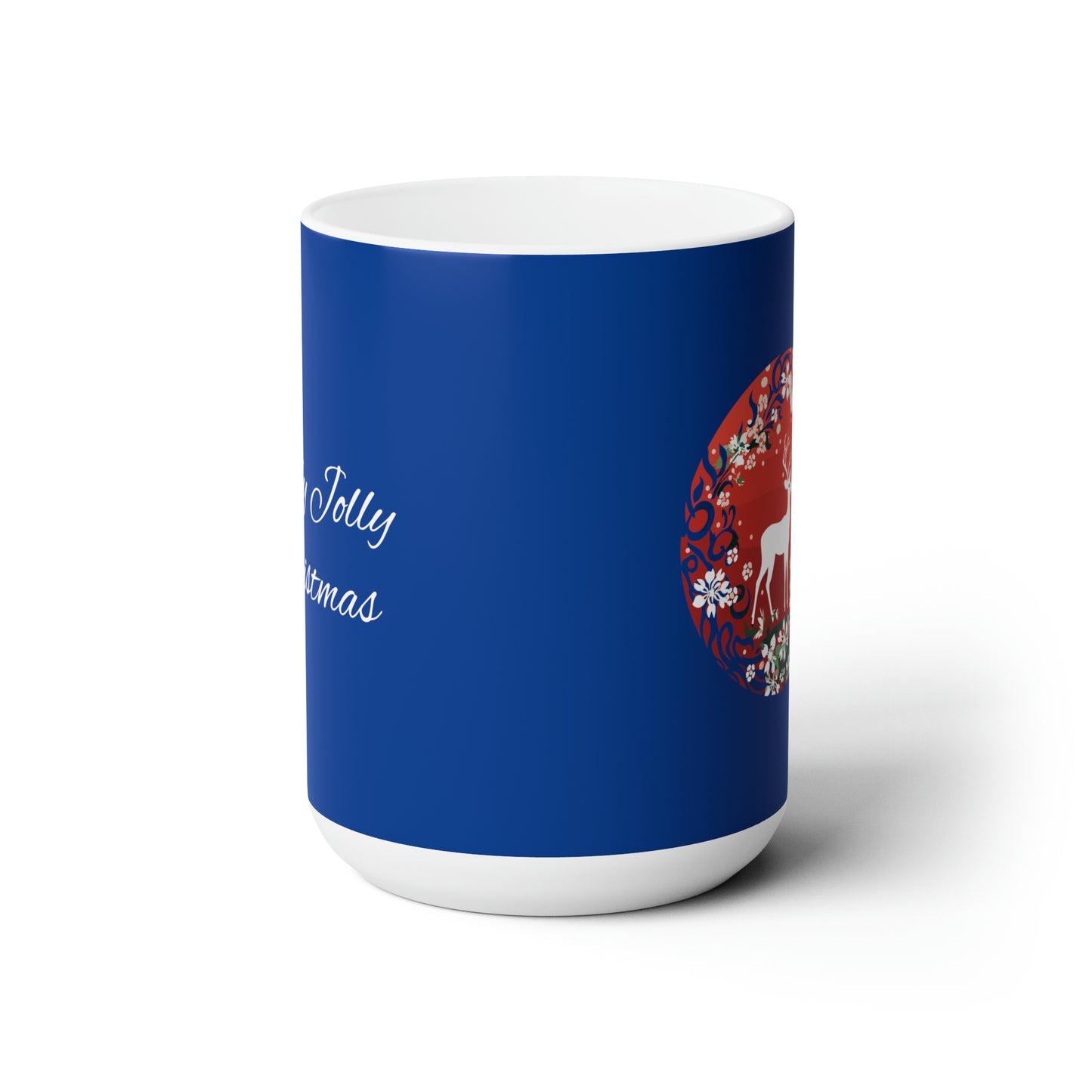 Holly Jolly reindeer in flourish mood, dark blue Christmas Ceramic Mug 15oz