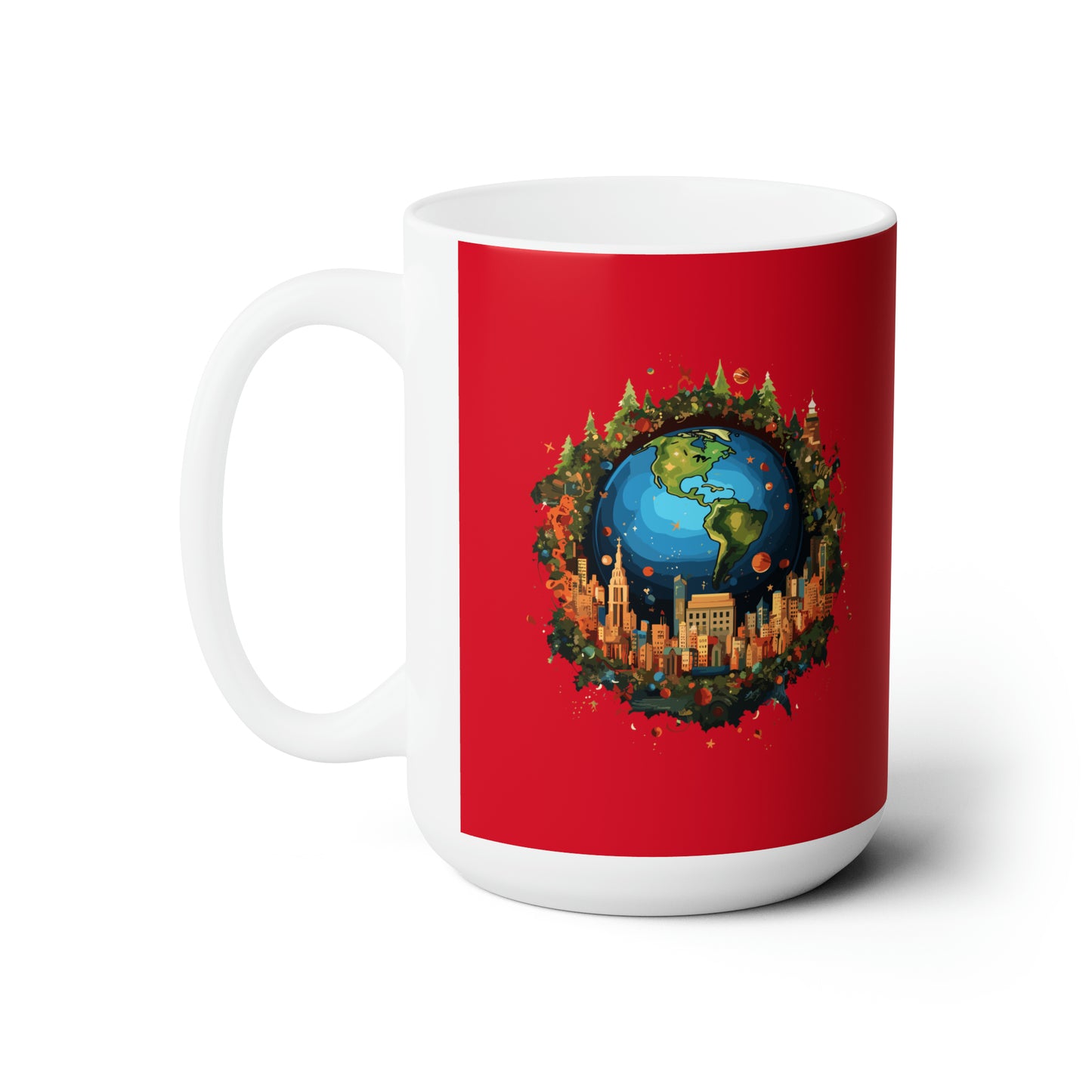 Earth in Christmas decorations and a big Christmas tree, dark red Ceramic Mug 15oz