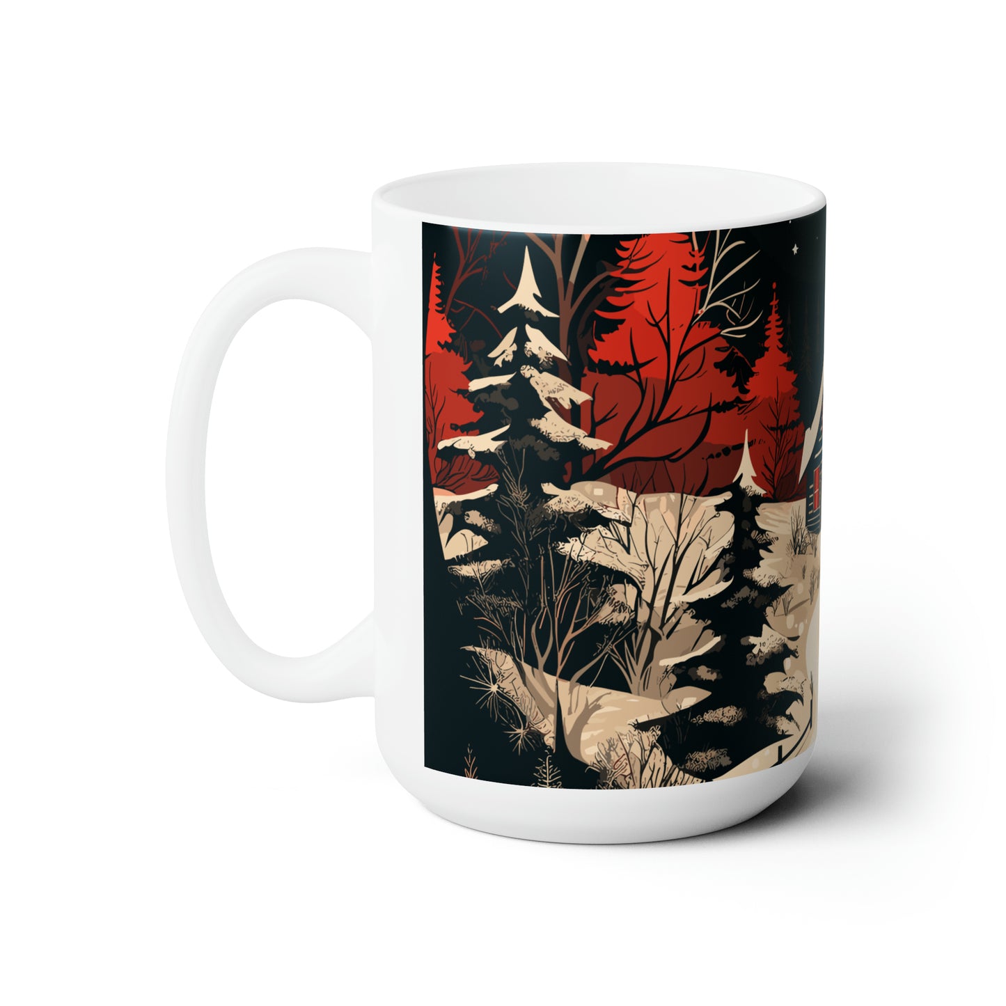 Christmas house in forest with Christmas tree Ceramic Mug15oz