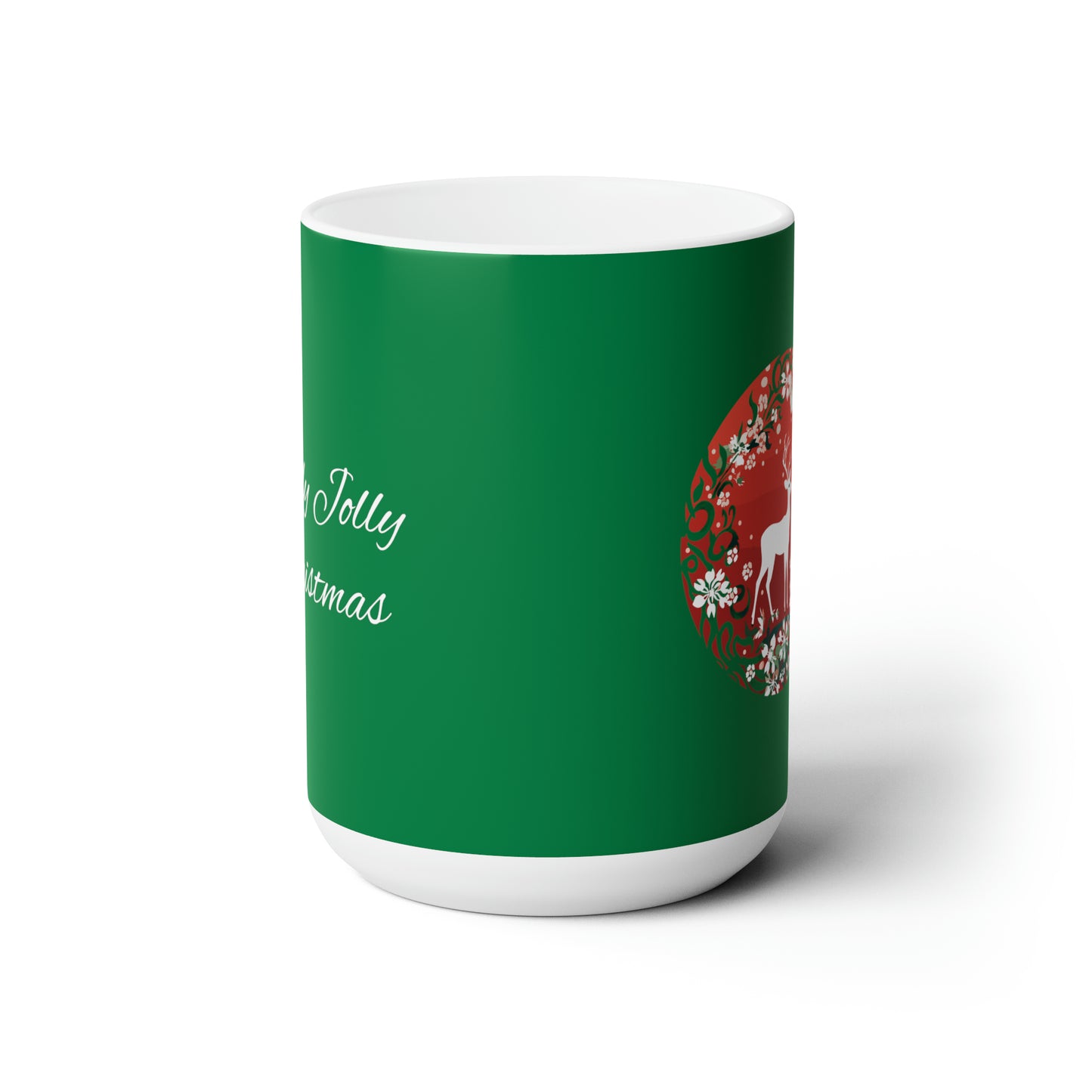 Holly Jolly reindeer in flourish mood, dark green Christmas Ceramic Mug 15oz