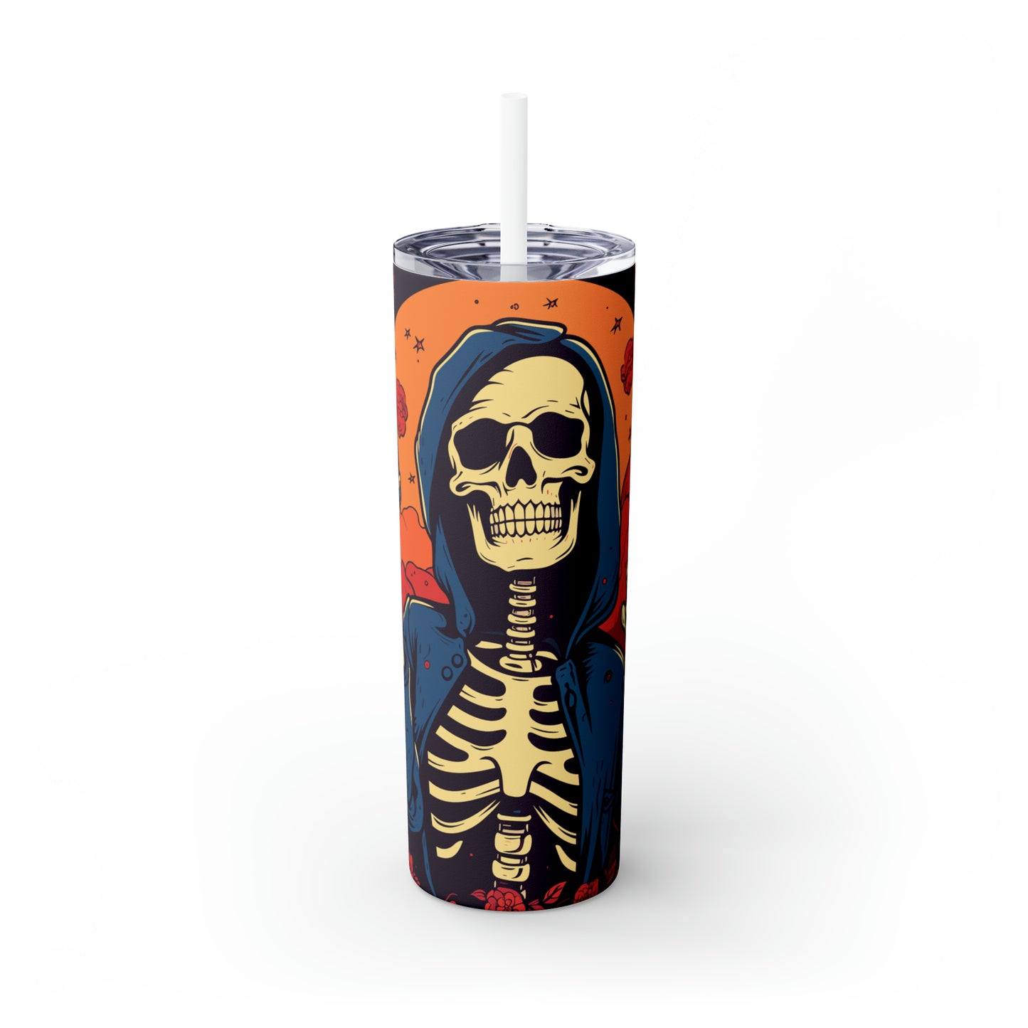 Halloween Skinny Tumbler with Straw 20oz - Spooky Drinkware, Skeleton Theme, BPA-Free, Reusable Cup, Halloween Tumbler, Halloween Gift