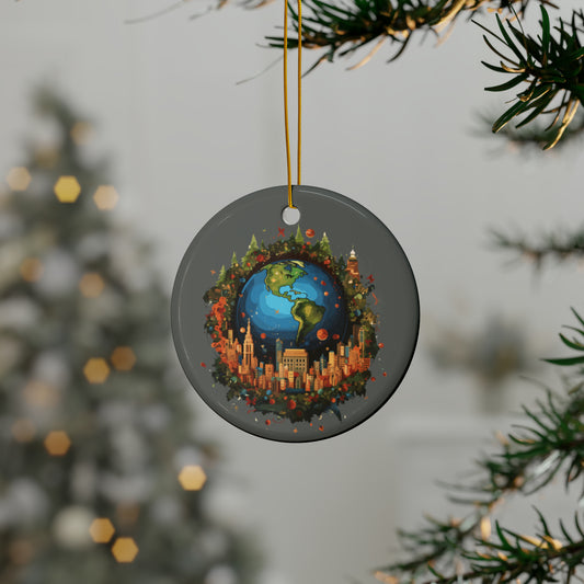 Earth in Christmas decorations and a big Christmas tree, dark grey Ceramic Ornaments (1pc, 3pcs, 5pcs, 10pcs)