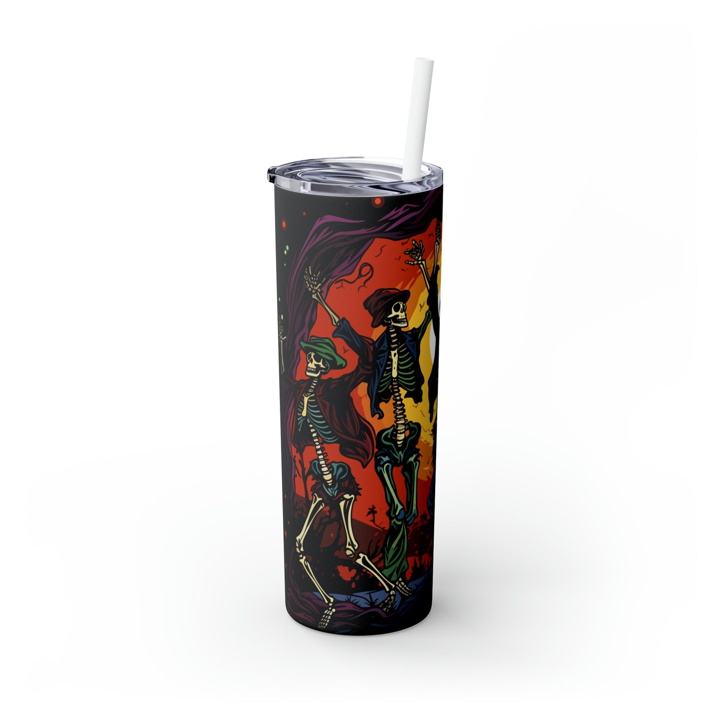 Halloween Skinny Tumbler with Straw 20oz - Spooky Drinkware, Skeleton Theme, BPA-Free, Reusable Cup, Halloween Tumbler, Halloween Gift