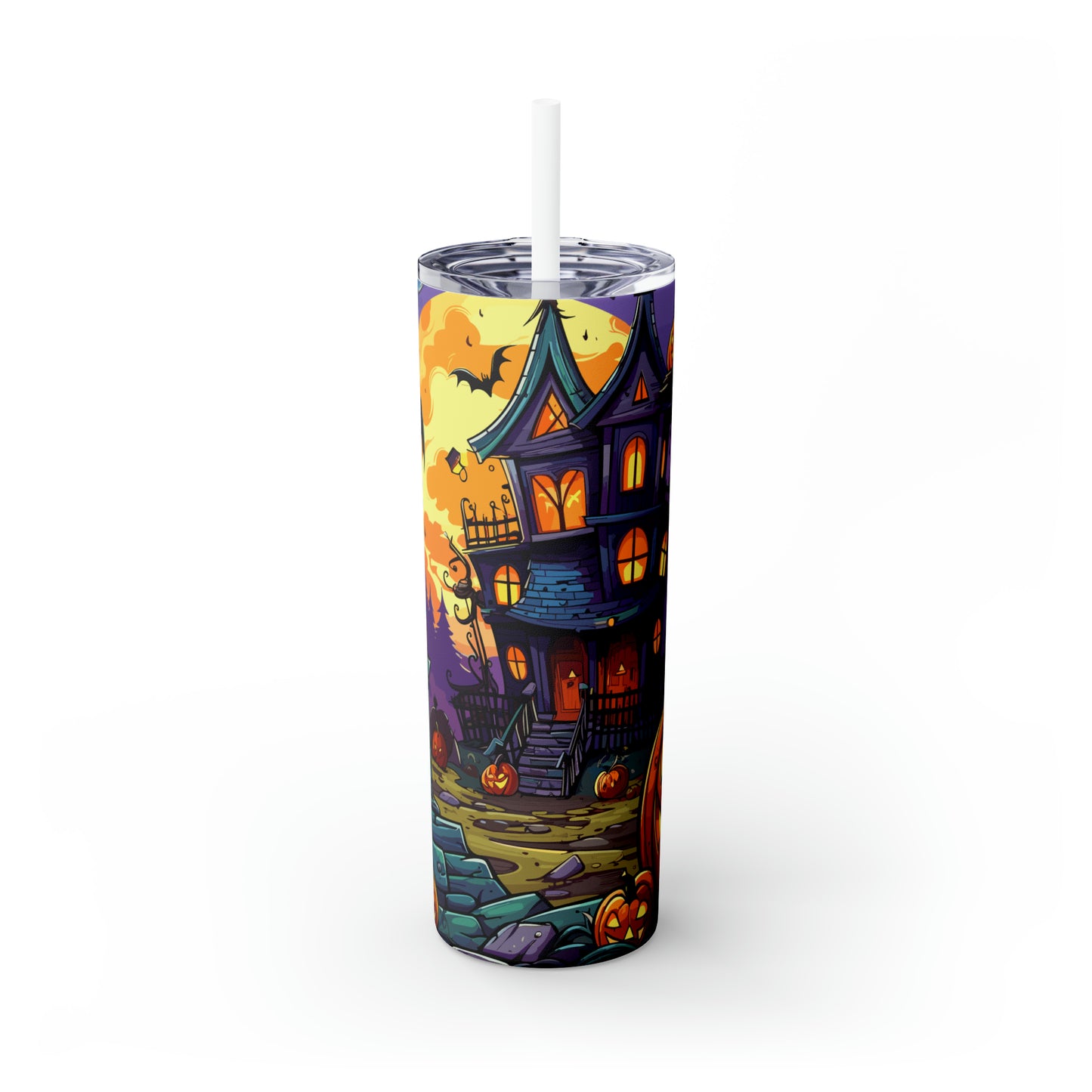 Halloween Skinny Tumbler with Straw 20oz - Spooky Drinkware, Hunted Theme, BPA-Free, Reusable Cup, Halloween Tumbler, Halloween Gift