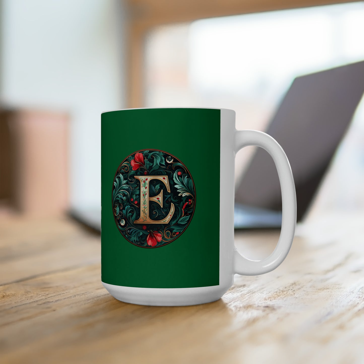 Christmas colorful Alphabet E design dark green Ceramic Mug 15oz