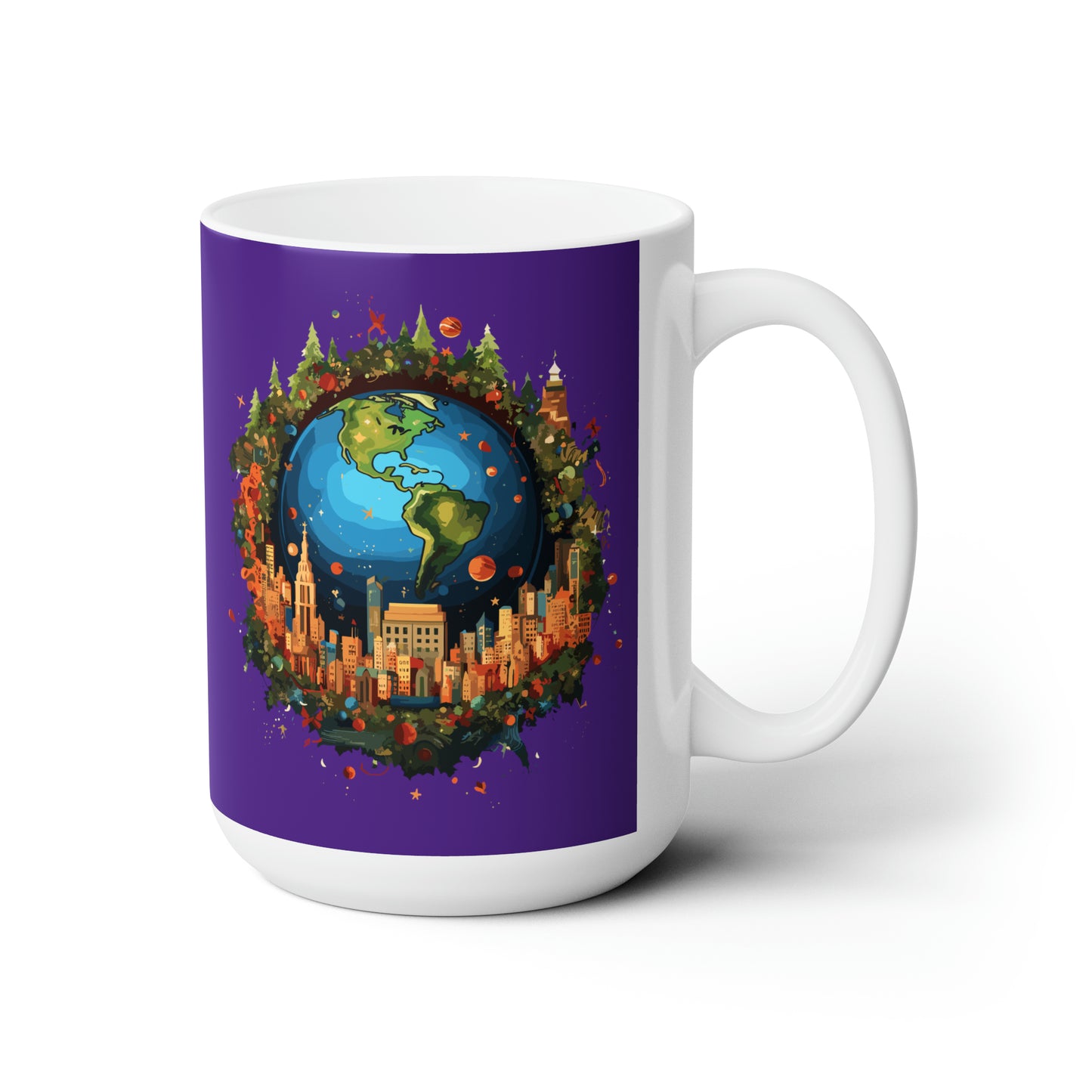 Earth in Christmas decorations and a big Christmas tree, Purple Ceramic Mug 15oz