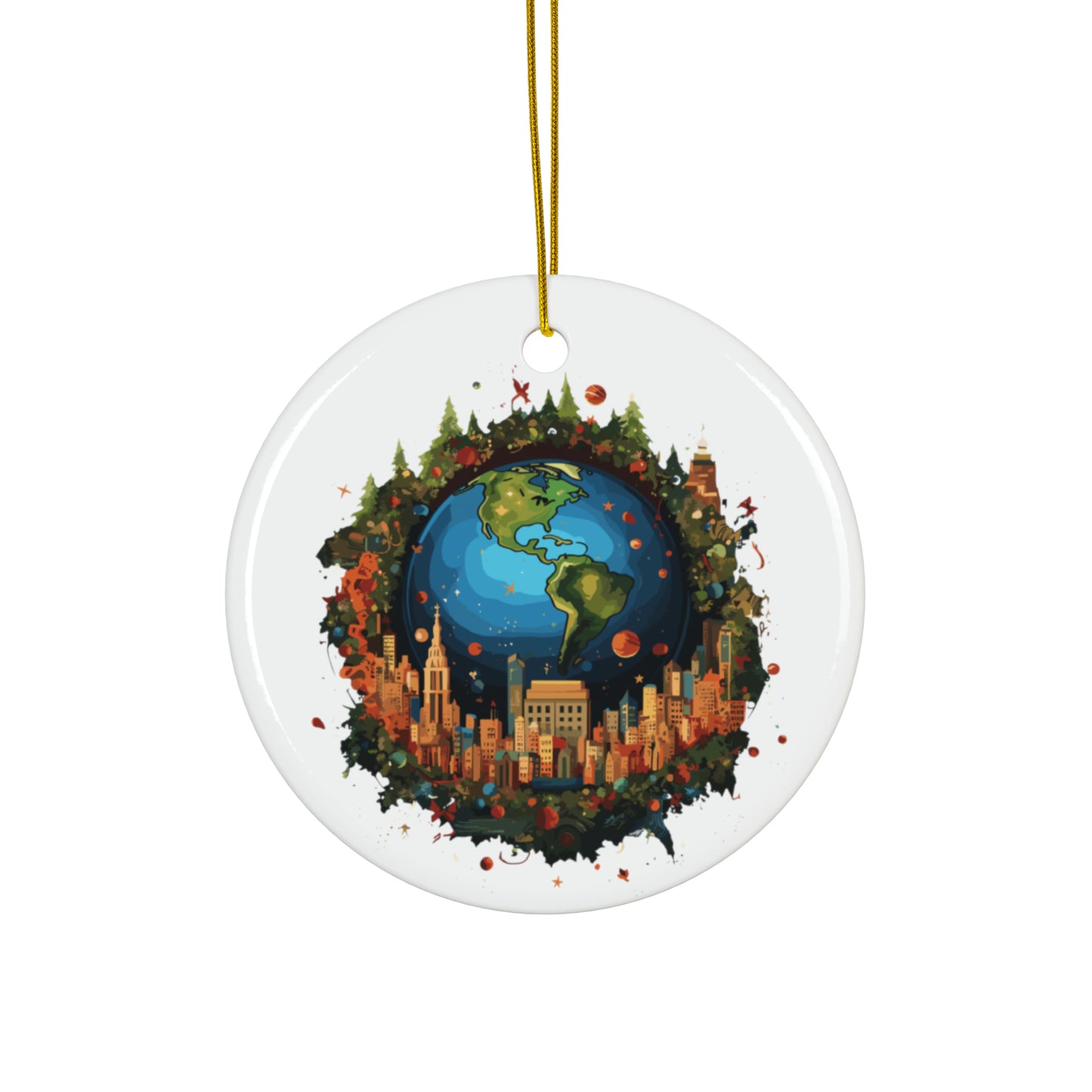 Earth in Christmas decorations and a big Christmas tree, white Ceramic Ornaments (1pc, 3pcs, 5pcs, 10pcs)