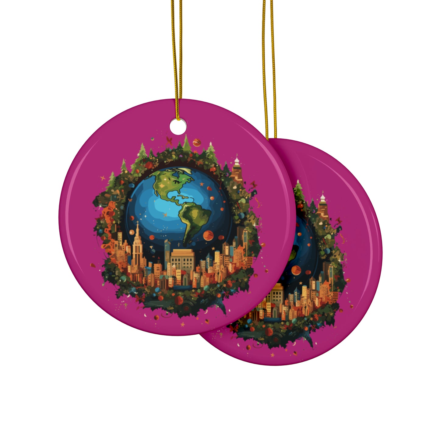 Earth in Christmas decorations and a big Christmas tree, Pink Ceramic Ornaments (1pc, 3pcs, 5pcs, 10pcs)