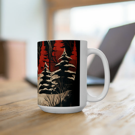 Christmas house in forest with Christmas tree Ceramic Mug15oz