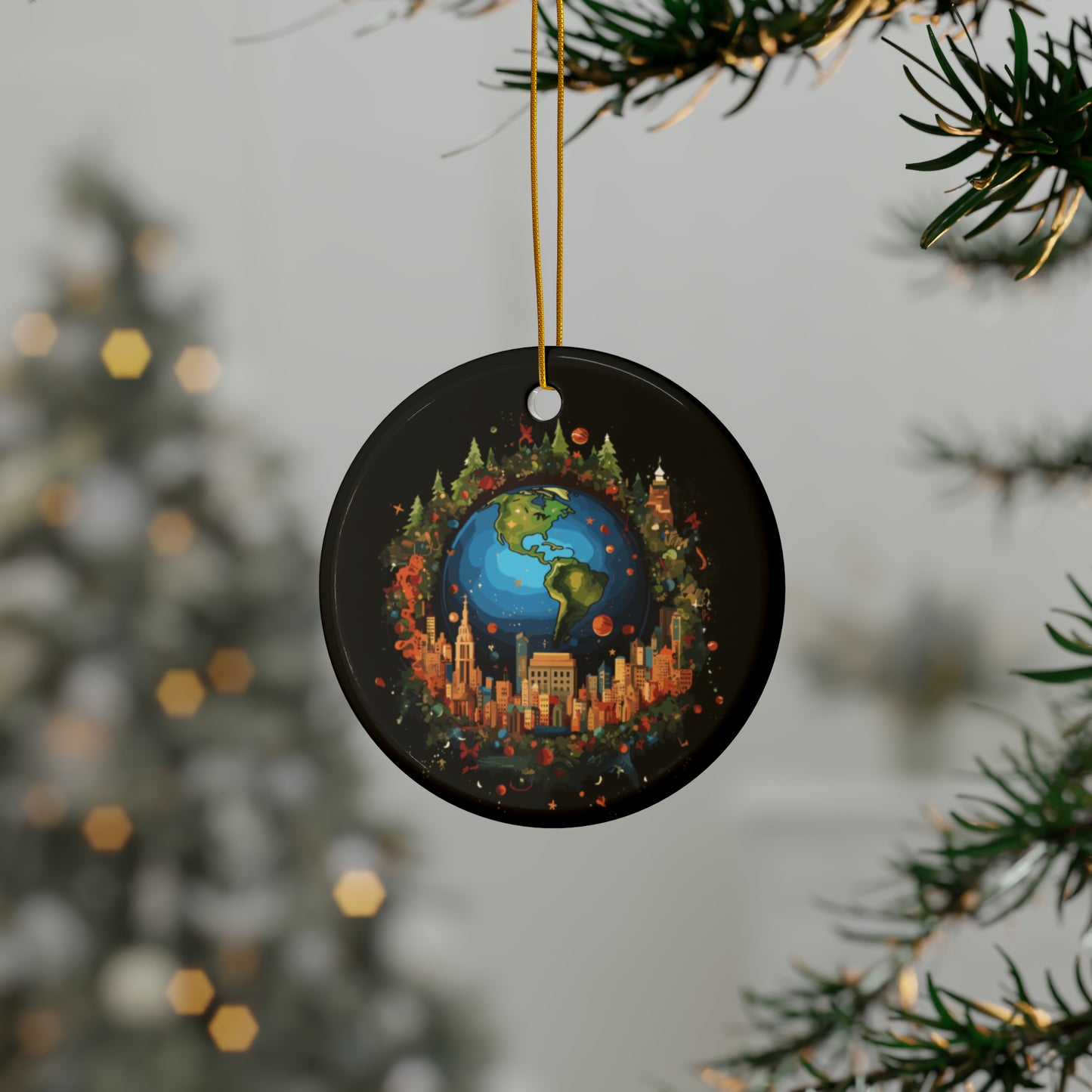 Earth in Christmas decorations and a big Christmas tree, Black Ceramic Ornaments (1pc, 3pcs, 5pcs, 10pcs)