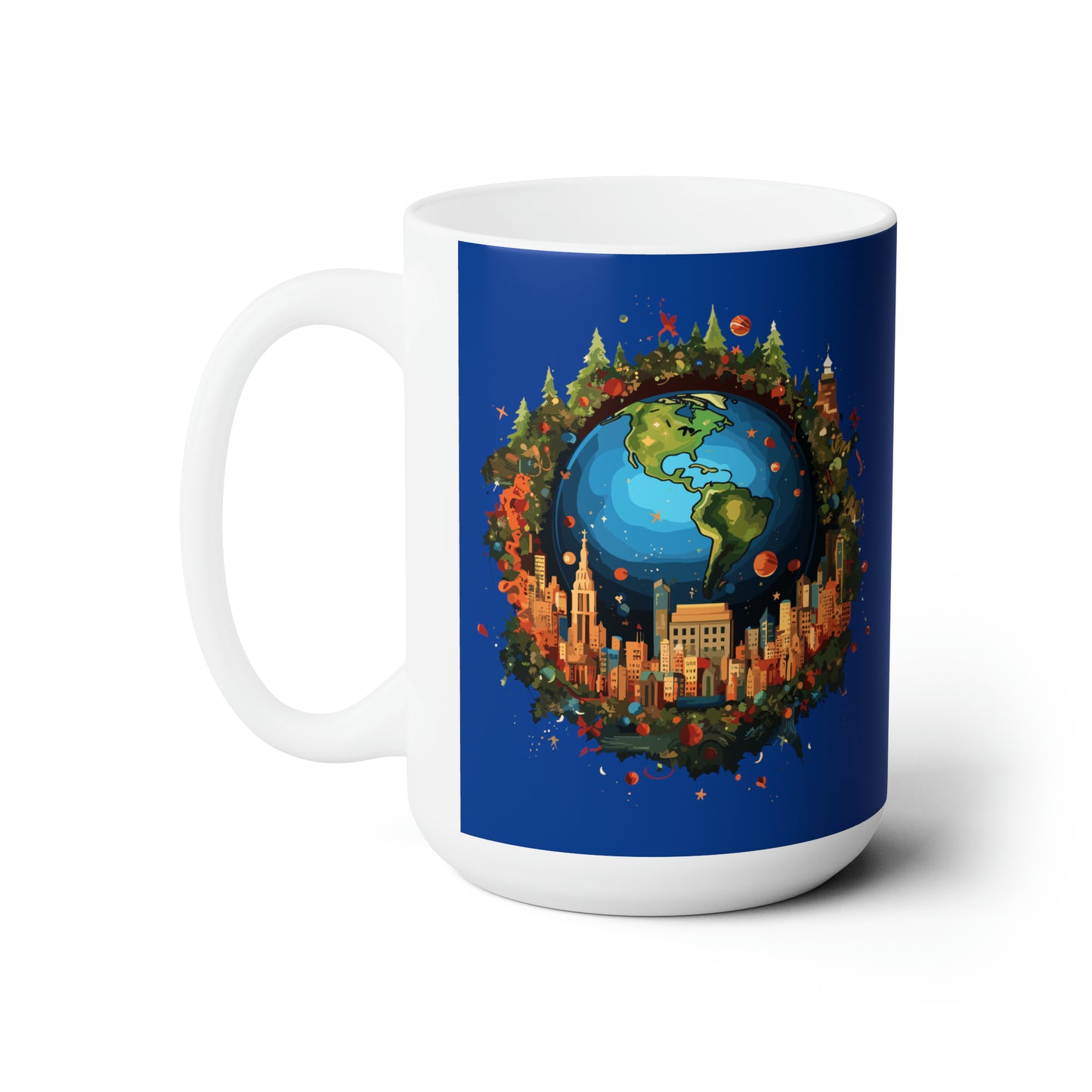 Earth in Christmas decorations and a big Christmas tree, dark blue Ceramic Mug 15oz