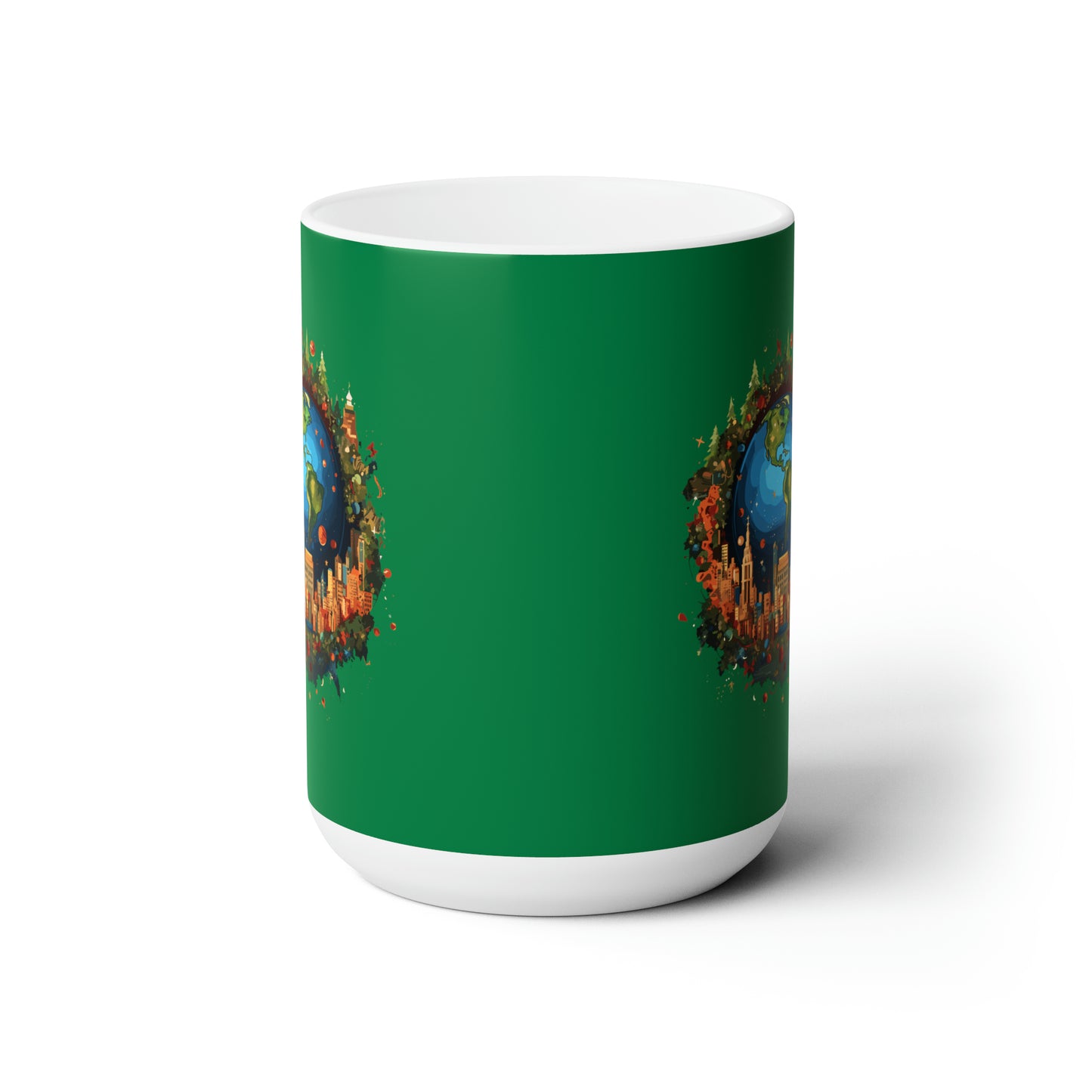 Earth in Christmas decorations and a big Christmas tree, dark green Ceramic Mug 15oz