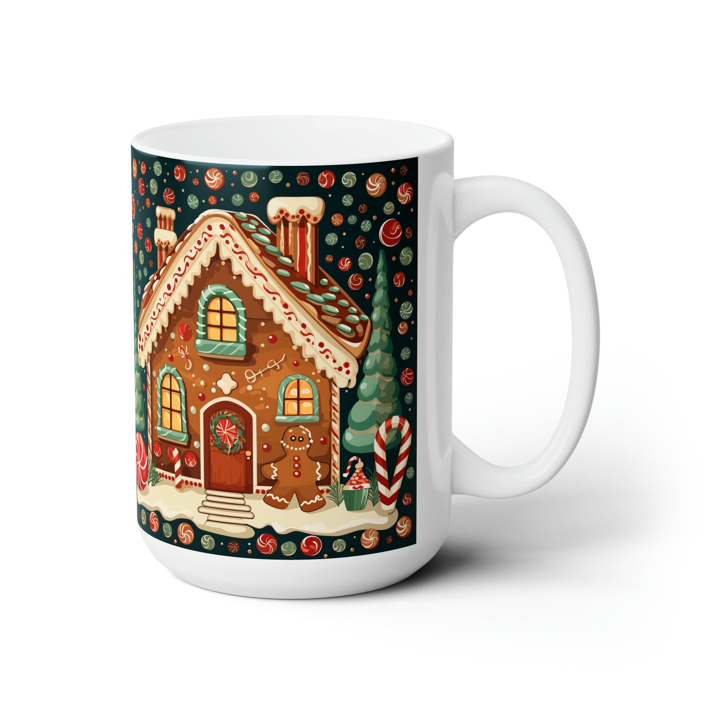 Gingerbread house patterns and candy canes for a sweet and festive look Ceramic Mug15oz