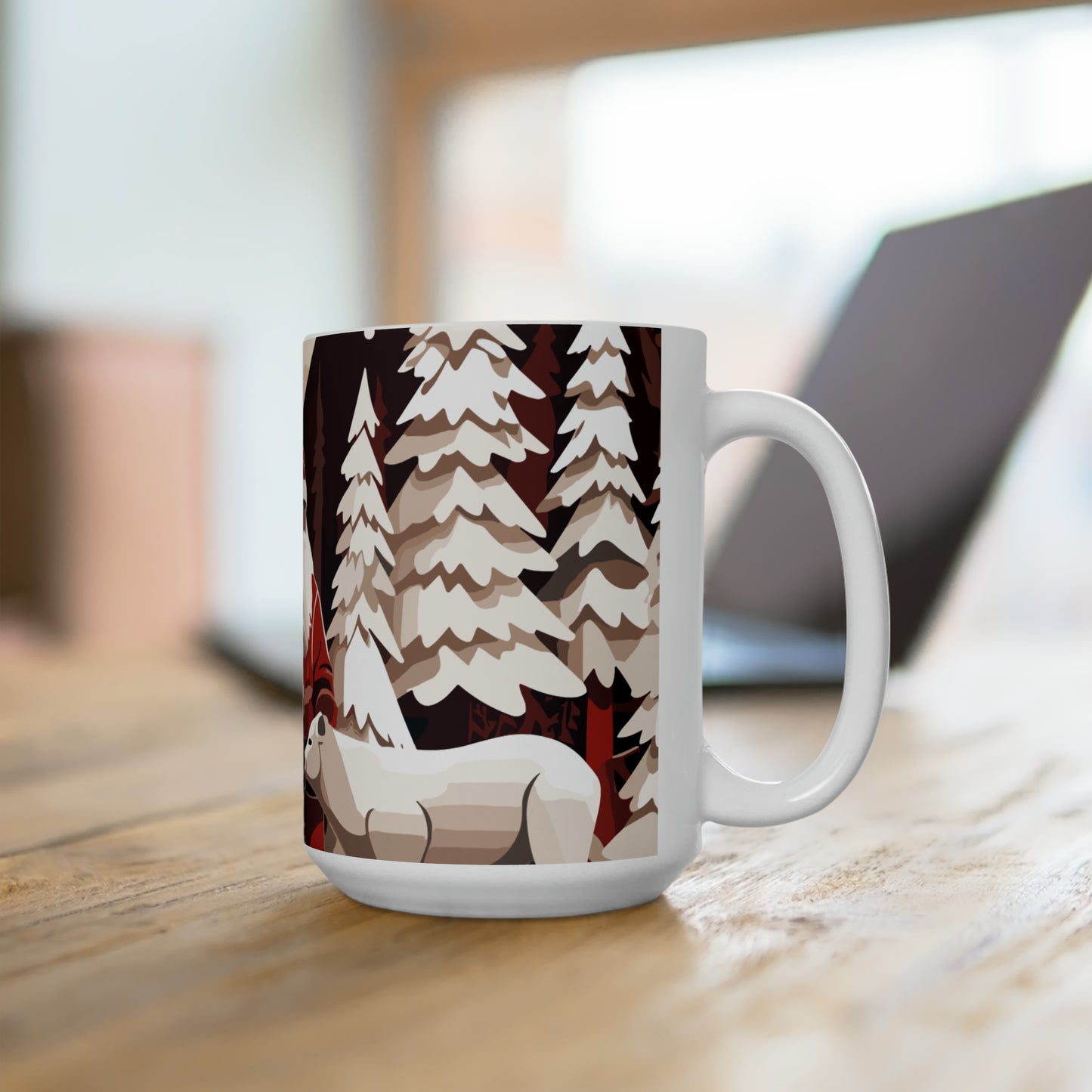 White reindeer, bear and Santa with happy mood in Christmas Ceramic Mug15oz