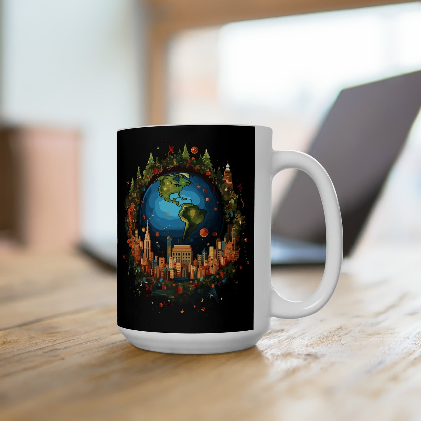 Earth in Christmas decorations and a big Christmas tree, Black Ceramic Mug 15oz