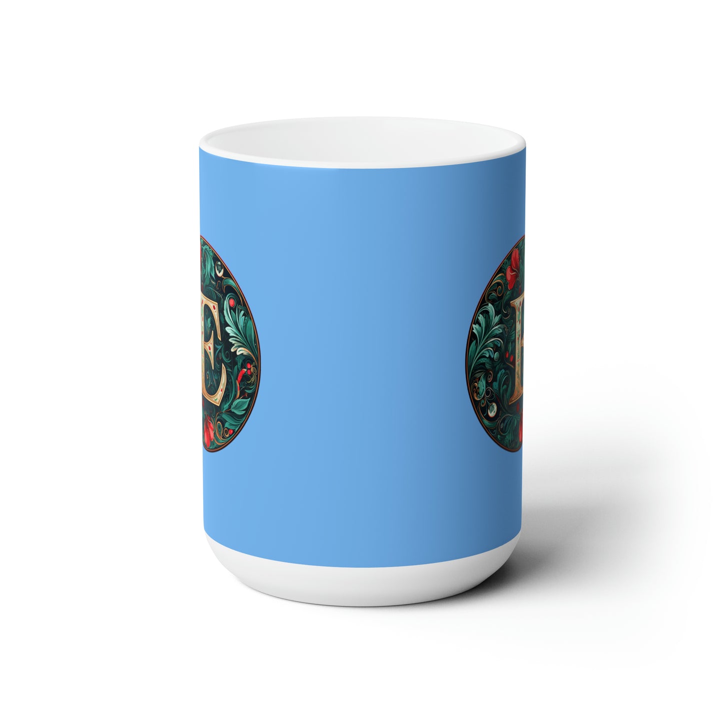 Christmas colorful Alphabet E design light blue Ceramic Mug 15oz