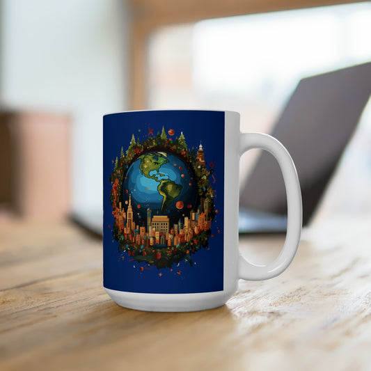 Earth in Christmas decorations and a big Christmas tree, dark blue Ceramic Mug 15oz