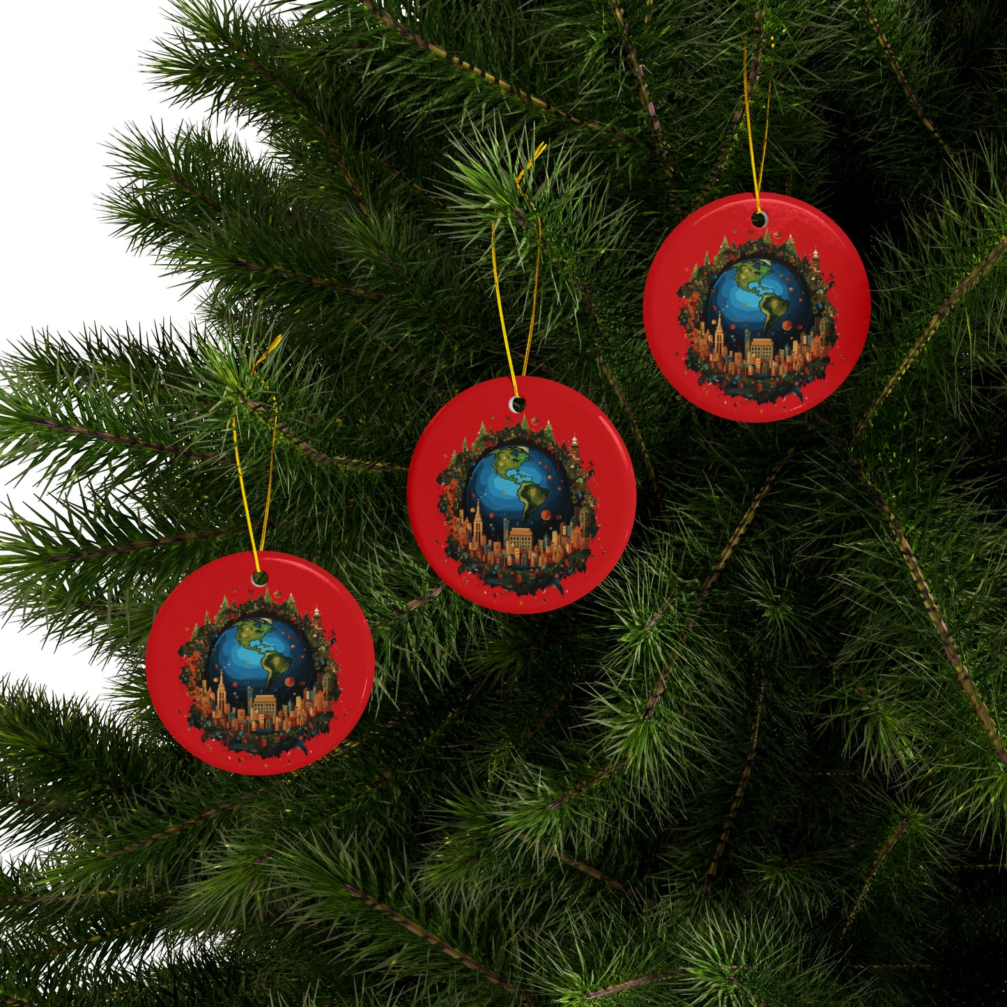 Earth in Christmas decorations and a big Christmas tree, red Ceramic Ornaments (1pc, 3pcs, 5pcs, 10pcs)