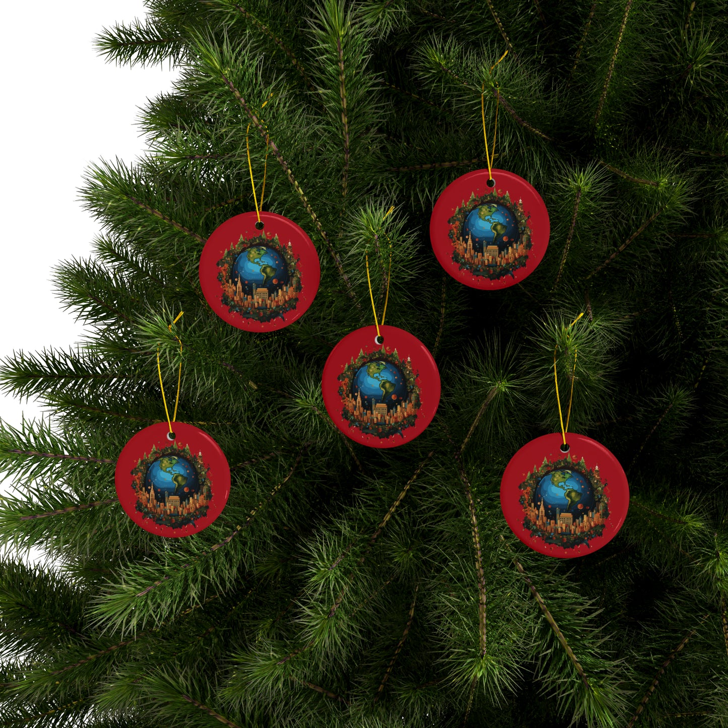 Earth in Christmas decorations and a big Christmas tree, red Ceramic Ornaments (1pc, 3pcs, 5pcs, 10pcs)