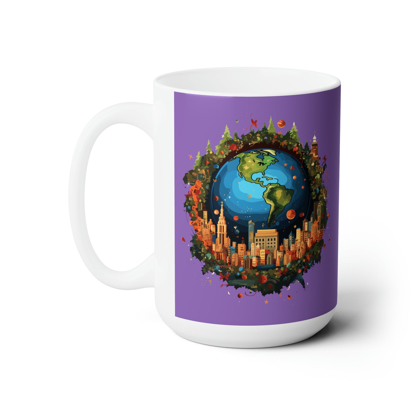 Earth in Christmas decorations and a big Christmas tree, purple Ceramic Mug 15oz