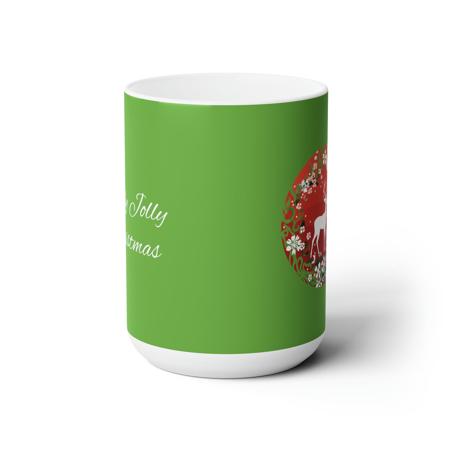 Holly Jolly reindeer in flourish mood, green Christmas Ceramic Mug 15oz