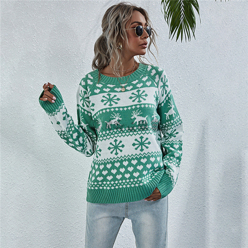 Elk Autumn And Winter New Knitted Round Neck Women's Christmas Snowflake Pullover Women's Sweater