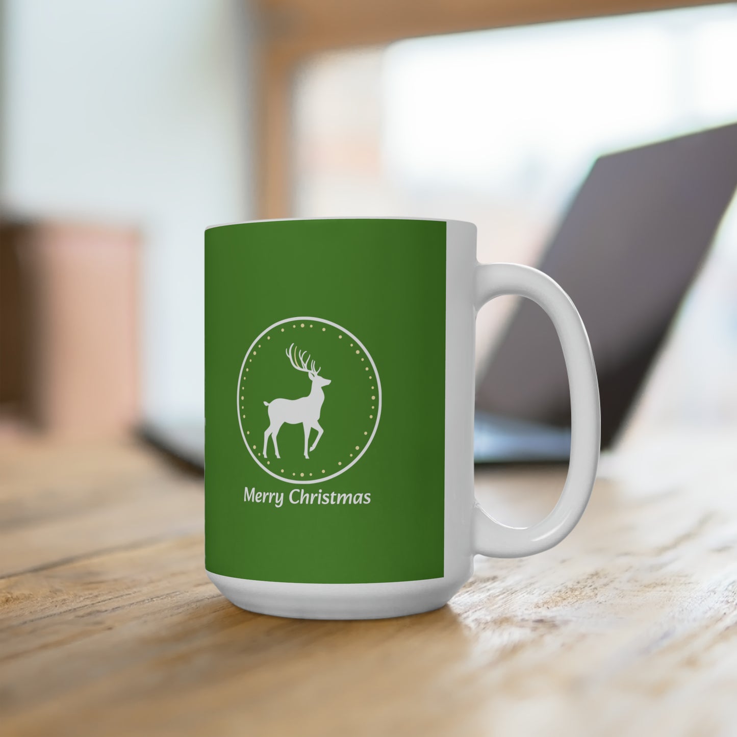 White reindeer in circle design, green Christmas Ceramic Mug 15oz