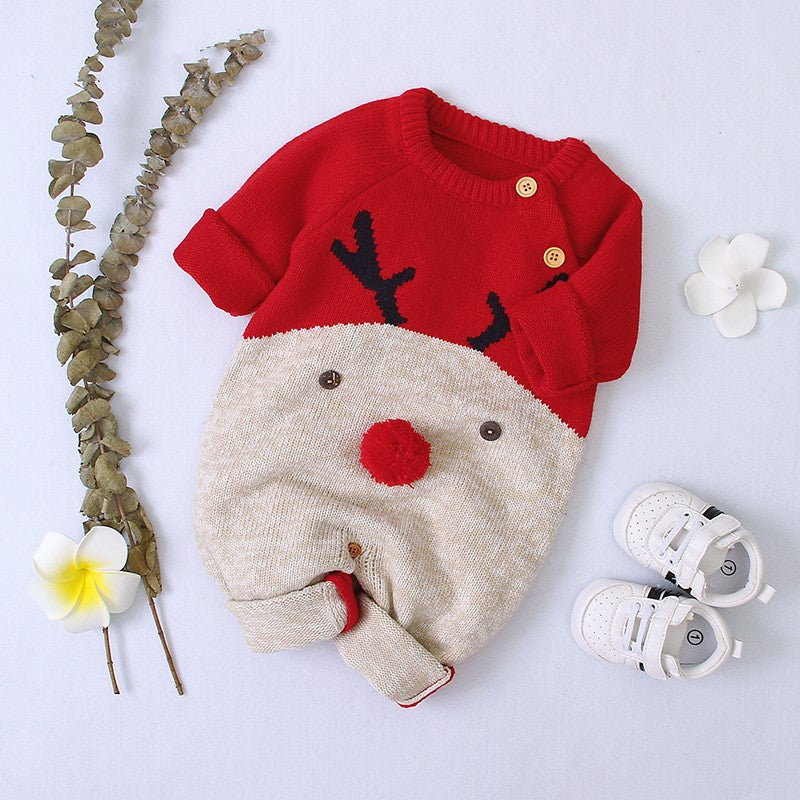 Knitted cartoon fawn romper Christmas sweater