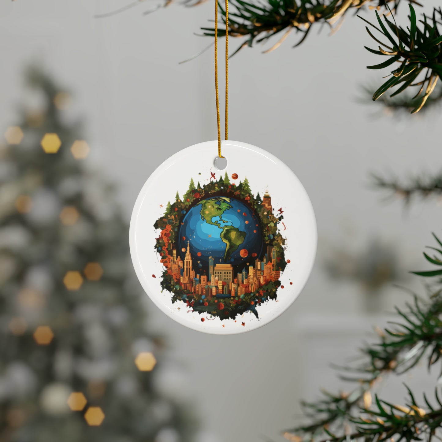 Earth in Christmas decorations and a big Christmas tree, white Ceramic Ornaments (1pc, 3pcs, 5pcs, 10pcs)