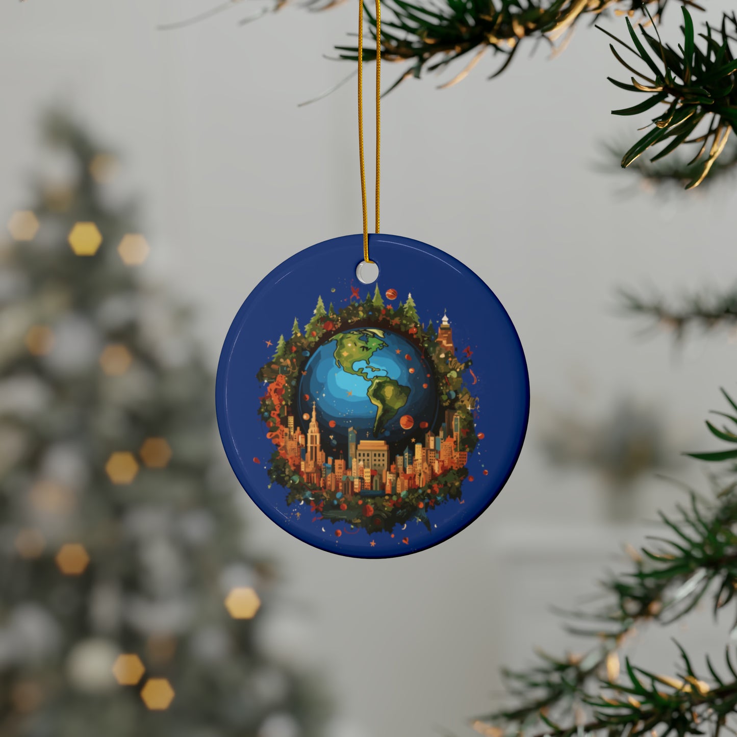 Earth in Christmas decorations and a big Christmas tree, dark blue Ceramic Ornaments (1pc, 3pcs, 5pcs, 10pcs)