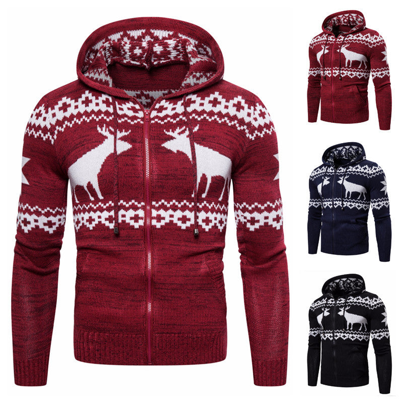 Men's Zipper Hooded Fawn Christmas Sweater