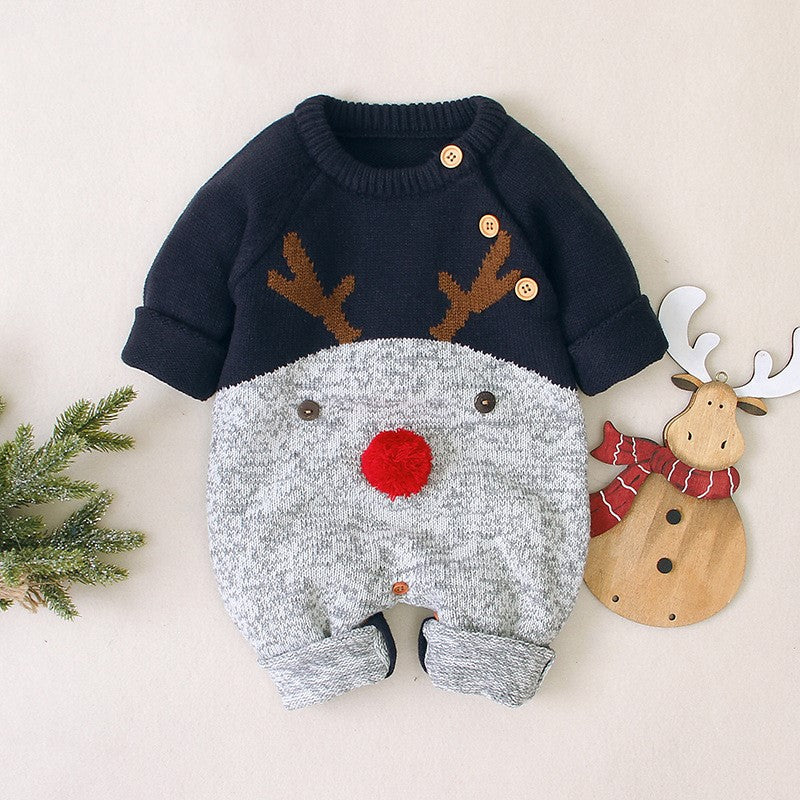 Knitted cartoon fawn romper Christmas sweater