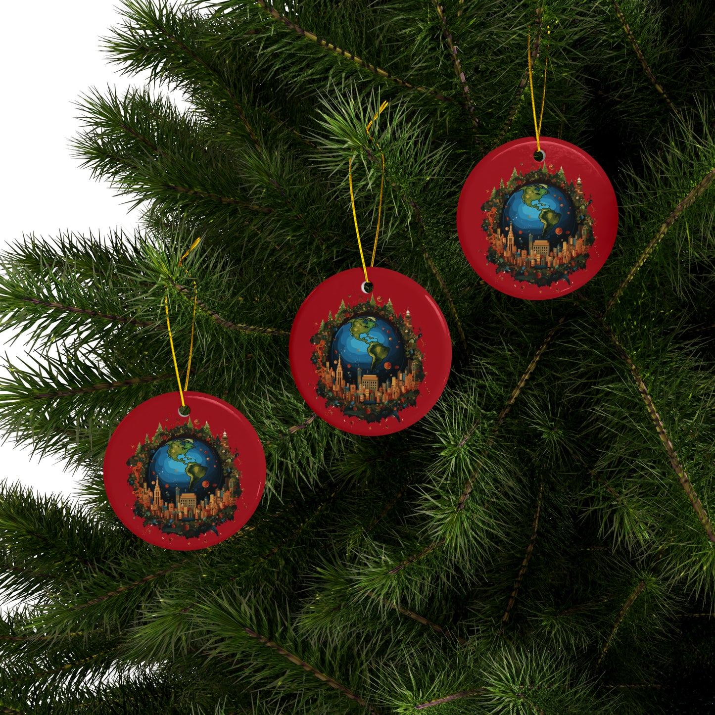 Earth in Christmas decorations and a big Christmas tree, red Ceramic Ornaments (1pc, 3pcs, 5pcs, 10pcs)