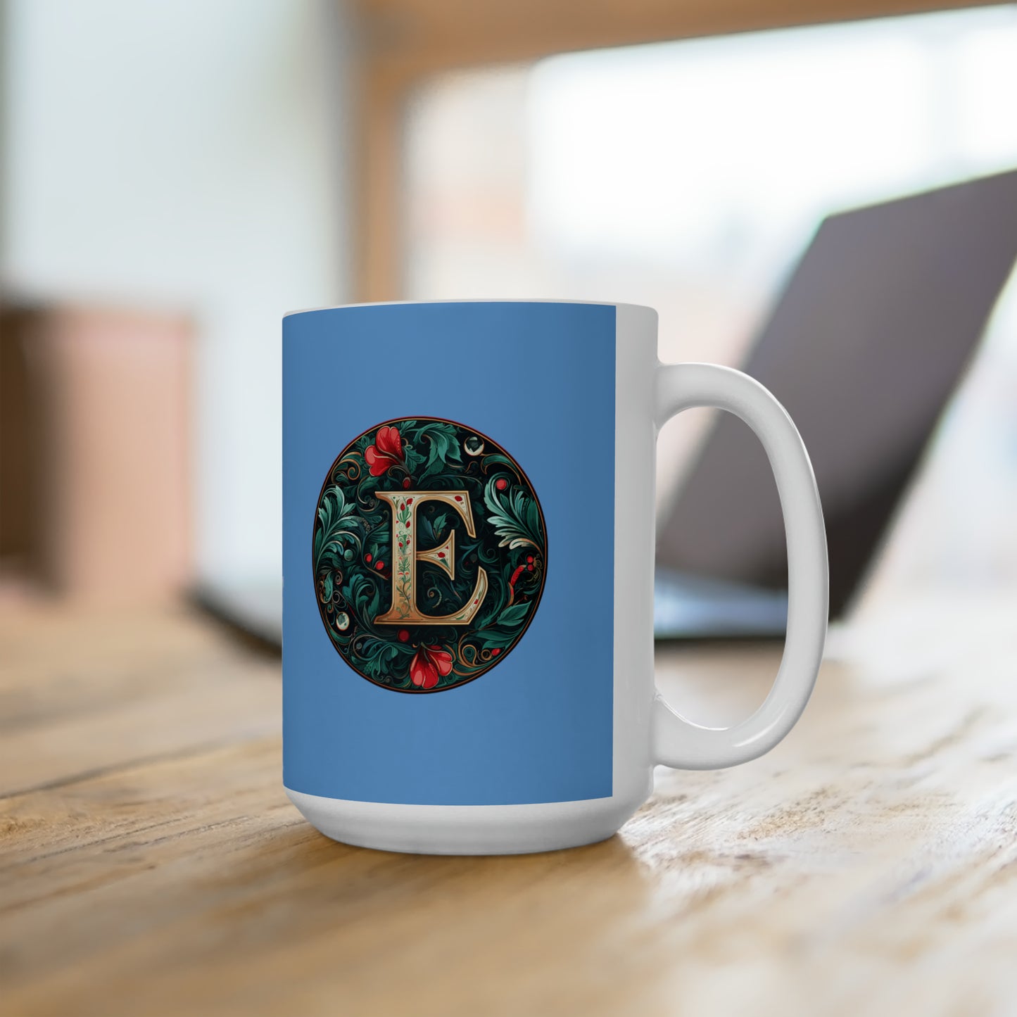 Christmas colorful Alphabet E design light blue Ceramic Mug 15oz