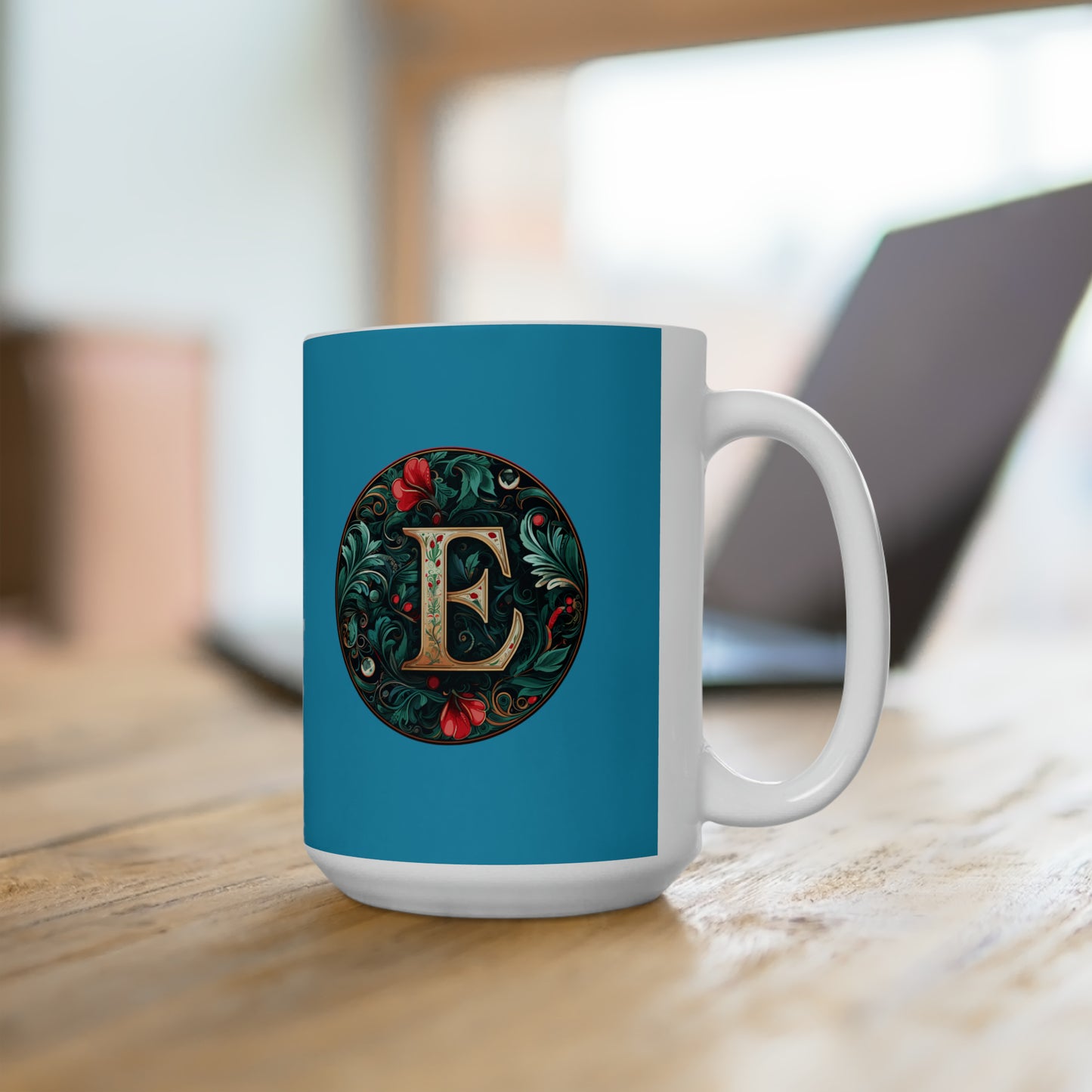 Christmas colorful Alphabet E design Turquoise Ceramic Mug 15oz