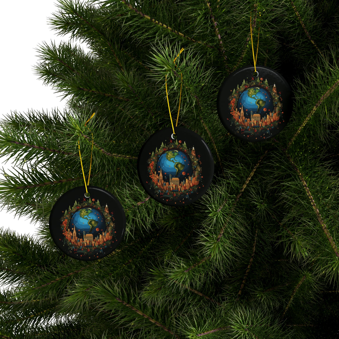 Earth in Christmas decorations and a big Christmas tree, Black Ceramic Ornaments (1pc, 3pcs, 5pcs, 10pcs)