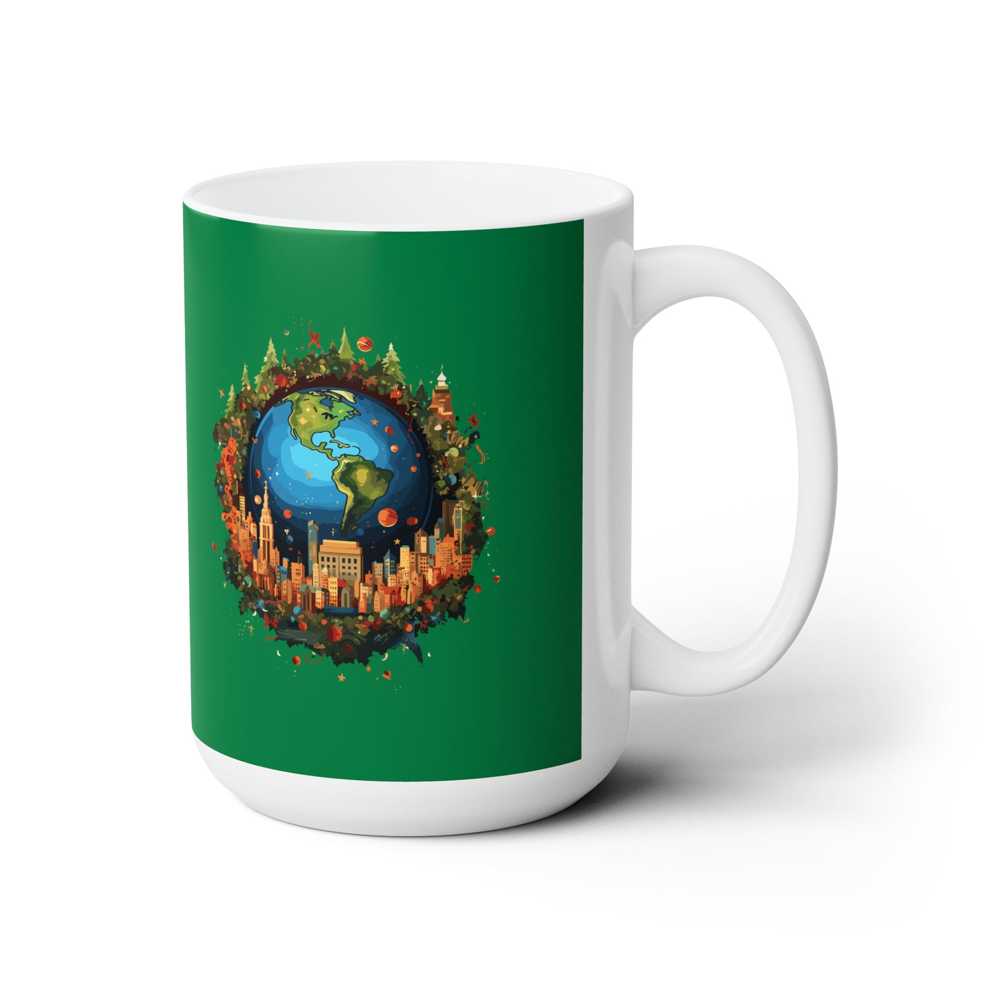 Earth in Christmas decorations and a big Christmas tree, dark green Ceramic Mug 15oz