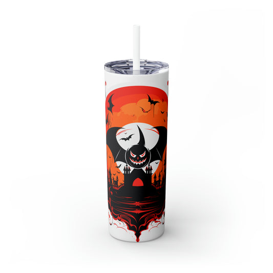 Halloween Skinny Tumbler with Straw 20oz, Spooky Drinkware, Vampire Bat Theme, BPA-Free, Reusable Cup, Halloween Tumbler, Halloween Gift